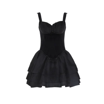 Guo Jingyi Black Velvet Bustier Pinafore Dress