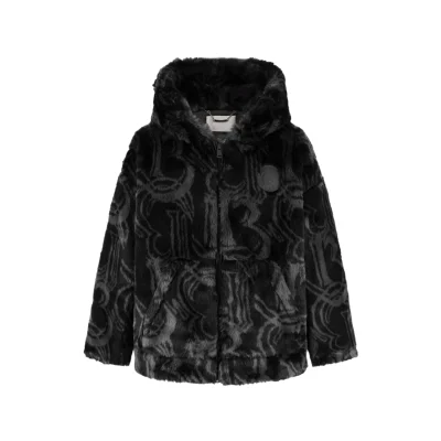 13De Marzo Artificial Fur Logo Hooded Coat Black