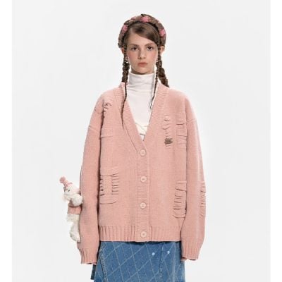 13De Marzo Plush Rabbit Jacquard Letter Weave Knit Cardigan Pink