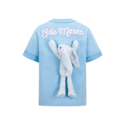 13DE MARZO Plush Rabbit Sequins Logo T-Shirt Washed Blue