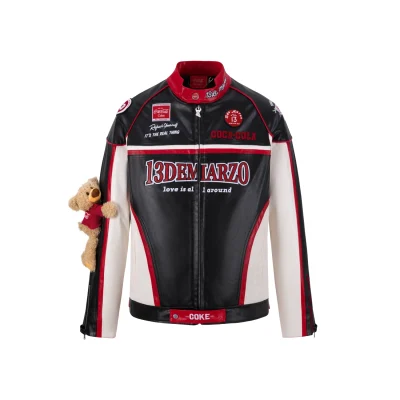 13DE MARZO Coca-Cola Bear Racing Leather Jacket Black