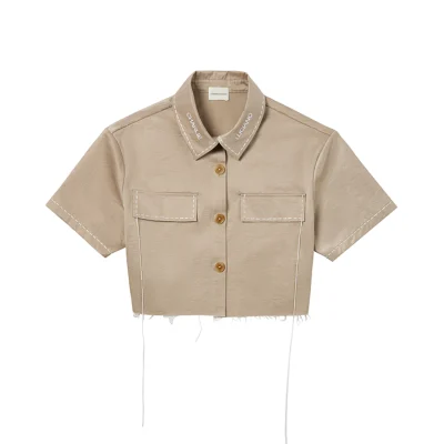 Charlie Luciano Cropped Shirt with Logo Collar Khaki