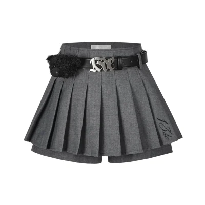 13DE MARZO High Waist Belt Pleated Skirt Shorts Grey