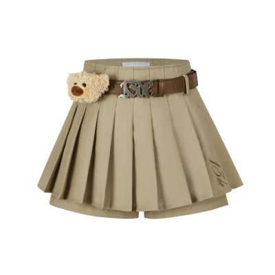 13DE MARZO High Waist Belt Pleated Skirt Shorts Khaki