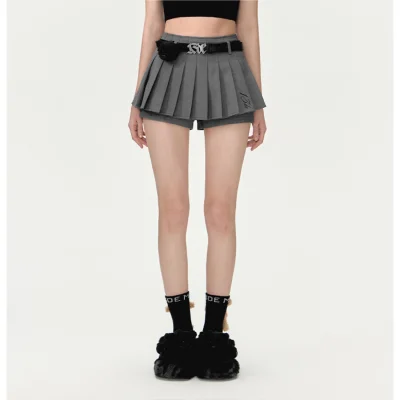 13DE MARZO High Waist Belt Pleated Skirt Shorts Grey