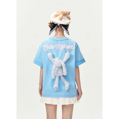13DE MARZO Plush Rabbit Sequins Logo T-Shirt Washed Blue