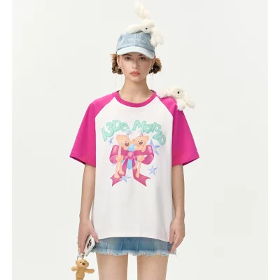 13DE MARZO Digital Printing Shoulder Rabbit T-Shirt Pink