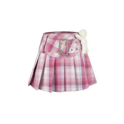 13DE MARZO Low Belt Plaid Skirt Pink