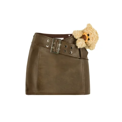 13DE MARZO Bear Leather Bodycon Skirt Brown