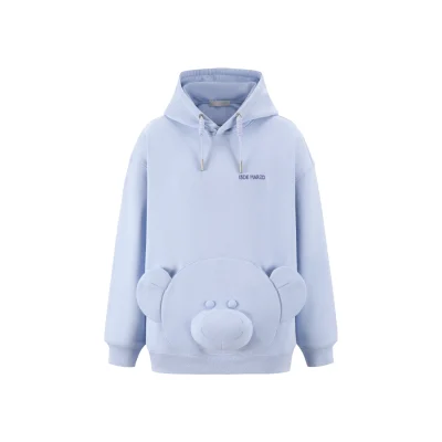 13DE MARZO Bear Embossment Pocket Hoodie Blue