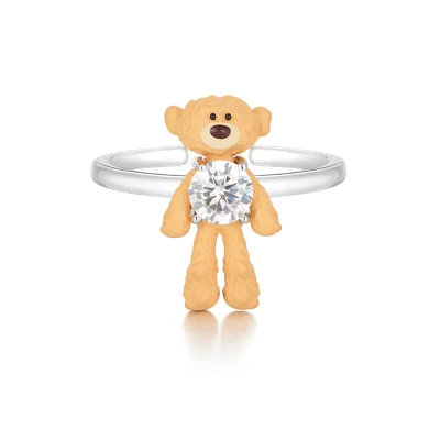 13DE MARZO Silver Mini Bear Adjustable Joint Ring with Round Diamond