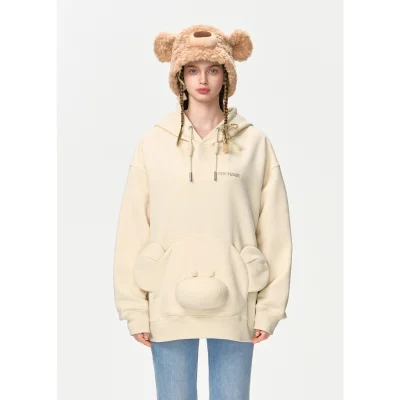 13DE MARZO Bear Embossment Pocket Hoodie Yellow