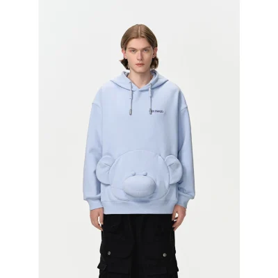 13DE MARZO Bear Embossment Pocket Hoodie Blue