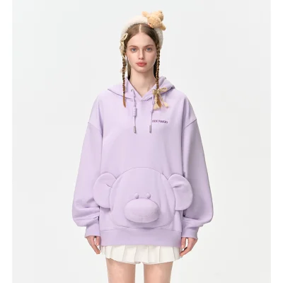 13DE MARZO Bear Embossment Pocket Hoodie Purple