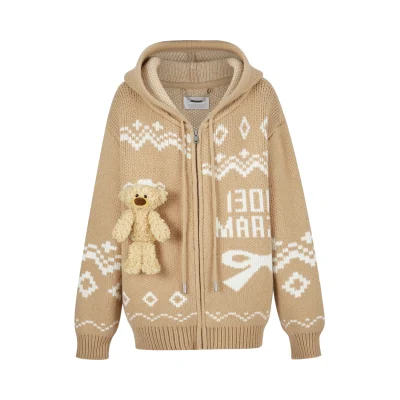 13DE MARZO Fair Isle Bear Zip Knit Hoodie Khaki