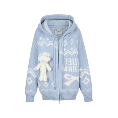 13DE MARZO Fair Isle Bear Zip Knit Hoodie Blue