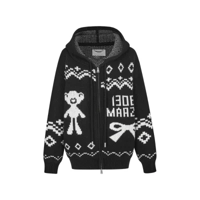 13DE MARZO Fair Isle Bear Zip Knit Hoodie Black