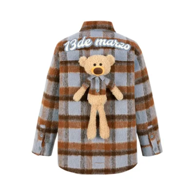 13DE MARZO Bear Tweed Plaid Shirt Blue