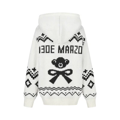 13DE MARZO Fair Isle Bear Zip Knit Hoodie White - Image 6