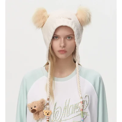 13DE MARZO Bear Ear Color Lace beanie Beige