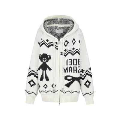 13DE MARZO Fair Isle Bear Zip Knit Hoodie White - Image 5