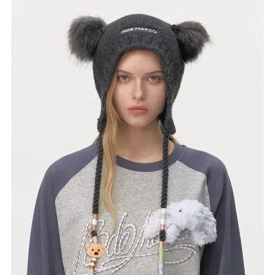 13DE MARZO Bear Ear Color Lace beanie Dark Grey