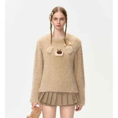 13DE MARZO Doozoo Ear Fuzzy Sweater Khaki