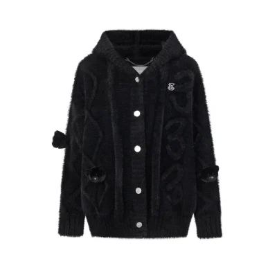 13DE MARZO Fuzzy Weave Knit Cardigan Black