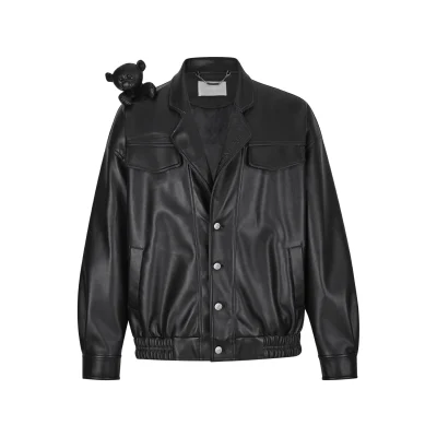 13DE MARZO Bear Dark Leather Jacket Black