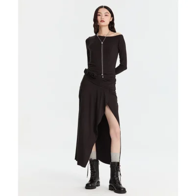 REVAN Modern Asymmetrical Shoulder Dress Black - Image 3