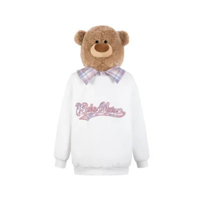 13DE MARZO Bear Zip Fuzzy Hoodie White