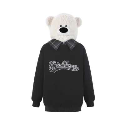 13DE MARZO Bear Zip Fuzzy Hoodie Black