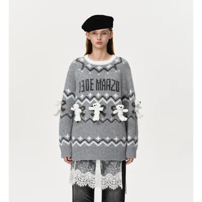 13DE MARZO Fair Isle Doozoo Knit Sweater Grey