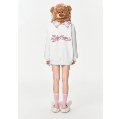 13DE MARZO Bear Zip Fuzzy Hoodie White