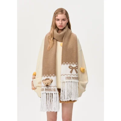 13DE MARZO Fair Isle Bear Knit Scarf Camel