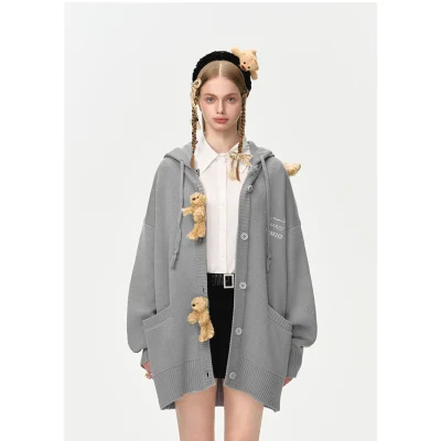 13DE MARZO Bear Button Hood Cardigan Grey