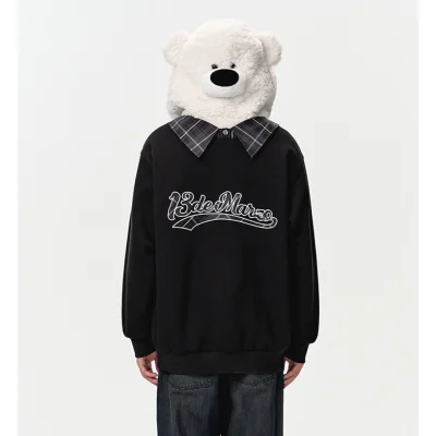 13DE MARZO Bear Zip Fuzzy Hoodie Black