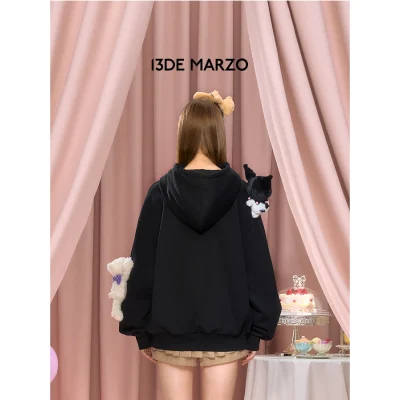 13DE MARZO Kuromi Bear Printing Hoodie Black - Image 3