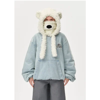 13DE MARZO Bear Set Padded Hoodie Blue