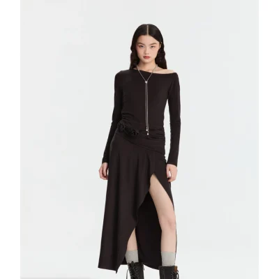 REVAN Modern Asymmetrical Shoulder Dress Black