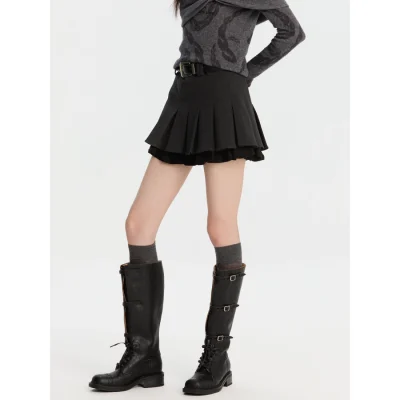 REVAN Ruffle Hem Pleated Skirt Dark Grey - Image 5