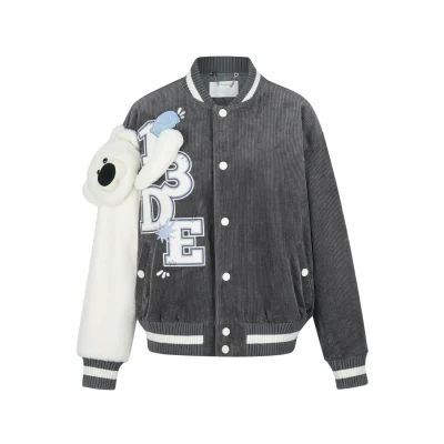 13DE MARZO Bear Sleeve Corduroy Baseball Jacket Grey