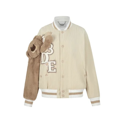 13DE MARZO Bear Sleeve Corduroy Baseball Jacket Khaki