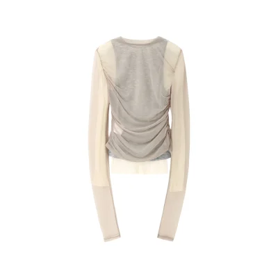 REVAN Layered Sheer Ruched Long Sleeve Top Beige