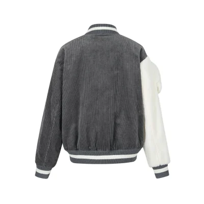 13DE MARZO Bear Sleeve Corduroy Baseball Jacket Grey - Image 5