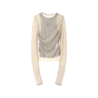 REVAN Layered Sheer Ruched Long Sleeve Top Beige