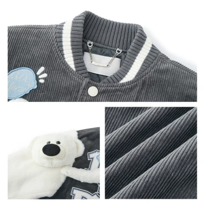 13DE MARZO Bear Sleeve Corduroy Baseball Jacket Grey - Image 7