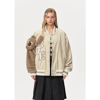 13DE MARZO Bear Sleeve Corduroy Baseball Jacket Khaki