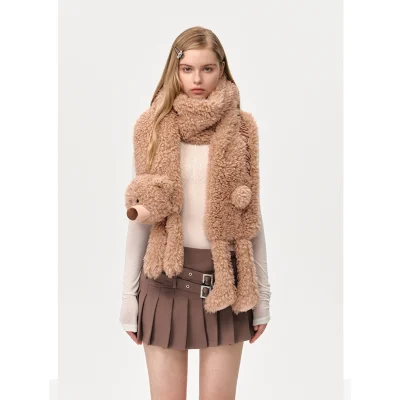 13DE MARZO Doozoo Fuzzy Scarf Bear Khaki