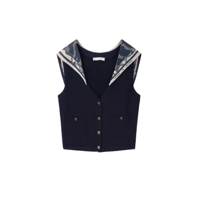 REVAN Vintage Knit Sleeveless Cardigan Vest Navy Blue - Image 7